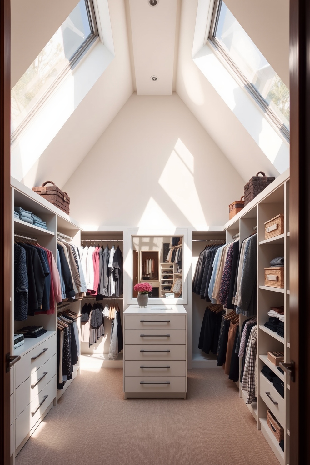 A spacious master bedroom walk-in closet filled with natural light streaming through large skylights. The closet features custom-built shelving and hanging space, elegantly organized with neatly folded clothes and accessories displayed on open shelves.