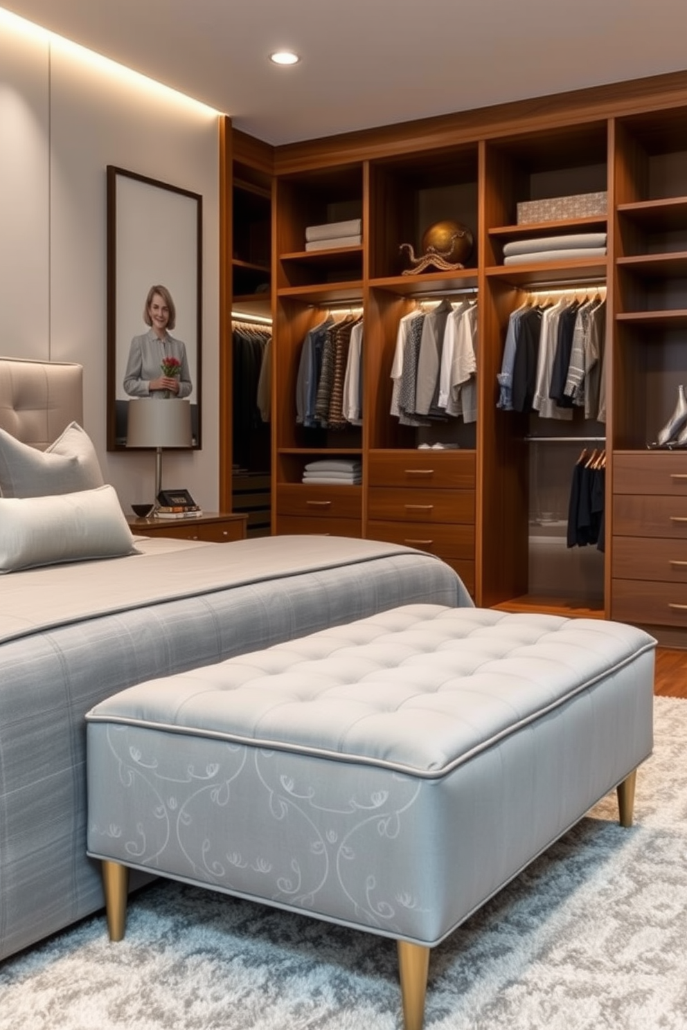 A spacious master bedroom features an open layout that allows for easy navigation and a seamless flow between spaces. The walk-in closet is designed with custom shelving and ample storage, providing an organized and luxurious experience.