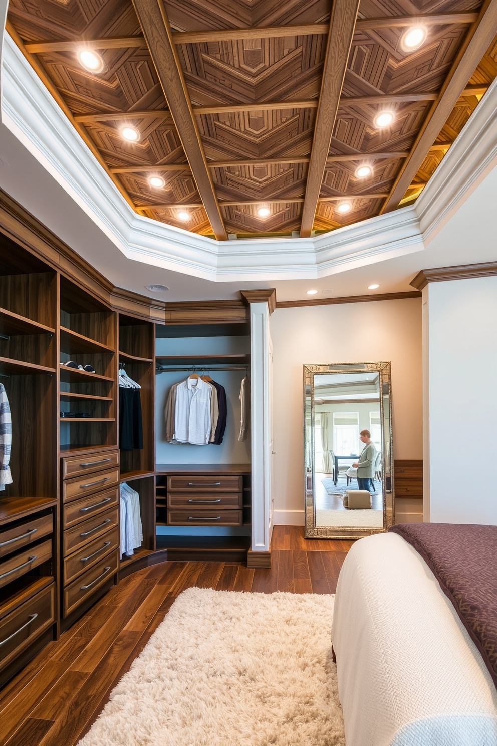 A unique ceiling design features intricate wood paneling with recessed lighting that creates a warm ambiance. The color palette includes soft whites and natural wood tones, enhancing the overall elegance of the master bedroom. The master bedroom walk-in closet is designed with custom shelving and drawers made from rich mahogany. A plush area rug adds comfort underfoot, while a full-length mirror is strategically placed to reflect the stylish organization of the space.