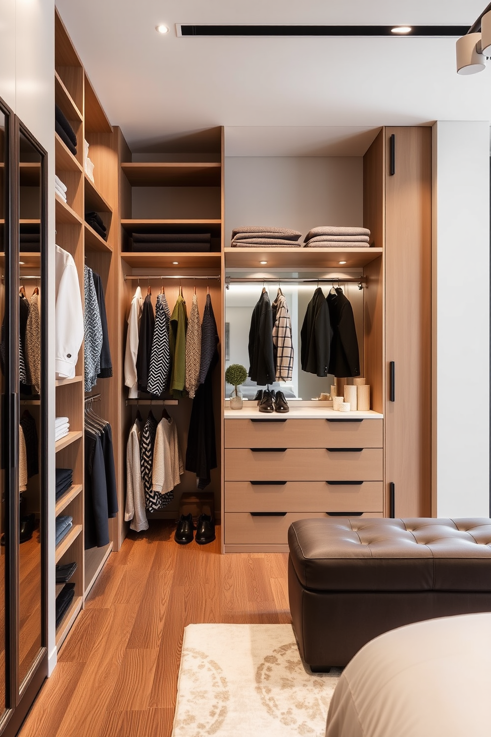 A stylish master bedroom walk-in closet features compact foldable furniture that maximizes space and enhances flexibility. The design includes modular shelving units, a foldable dressing table, and a sleek ottoman that can be easily stored when not in use.