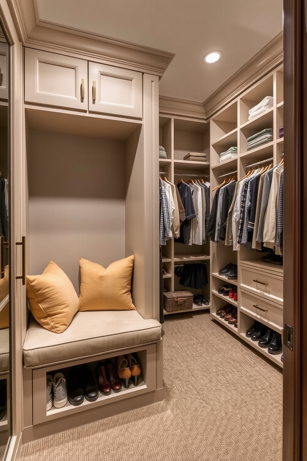 A cozy built-in seating area with shoe storage is designed to maximize space and functionality. The seating features plush cushions and is framed by elegant cabinetry that neatly organizes shoes beneath. In the master bedroom walk-in closet, ample shelving and hanging space create an organized and luxurious environment. Soft lighting illuminates the space, highlighting the rich textures of the clothing and accessories displayed.