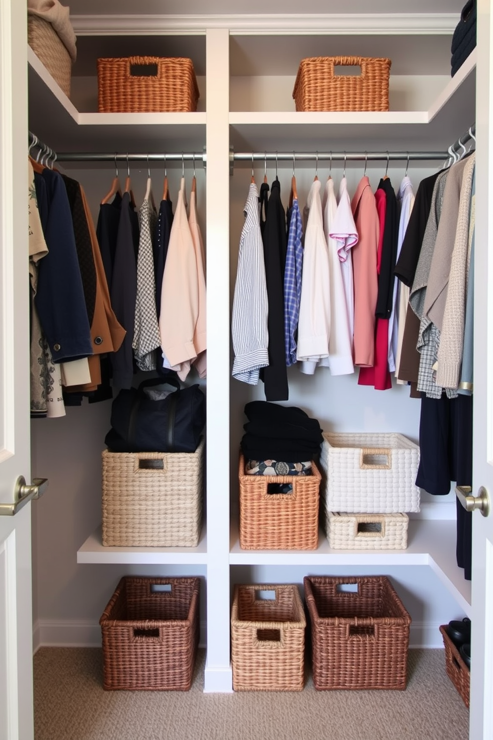 A master bedroom walk-in closet featuring decorative baskets for organized clutter. The closet is spacious with built-in shelves and hanging rods, and the decorative baskets are neatly arranged on the lower shelves in various sizes and textures.