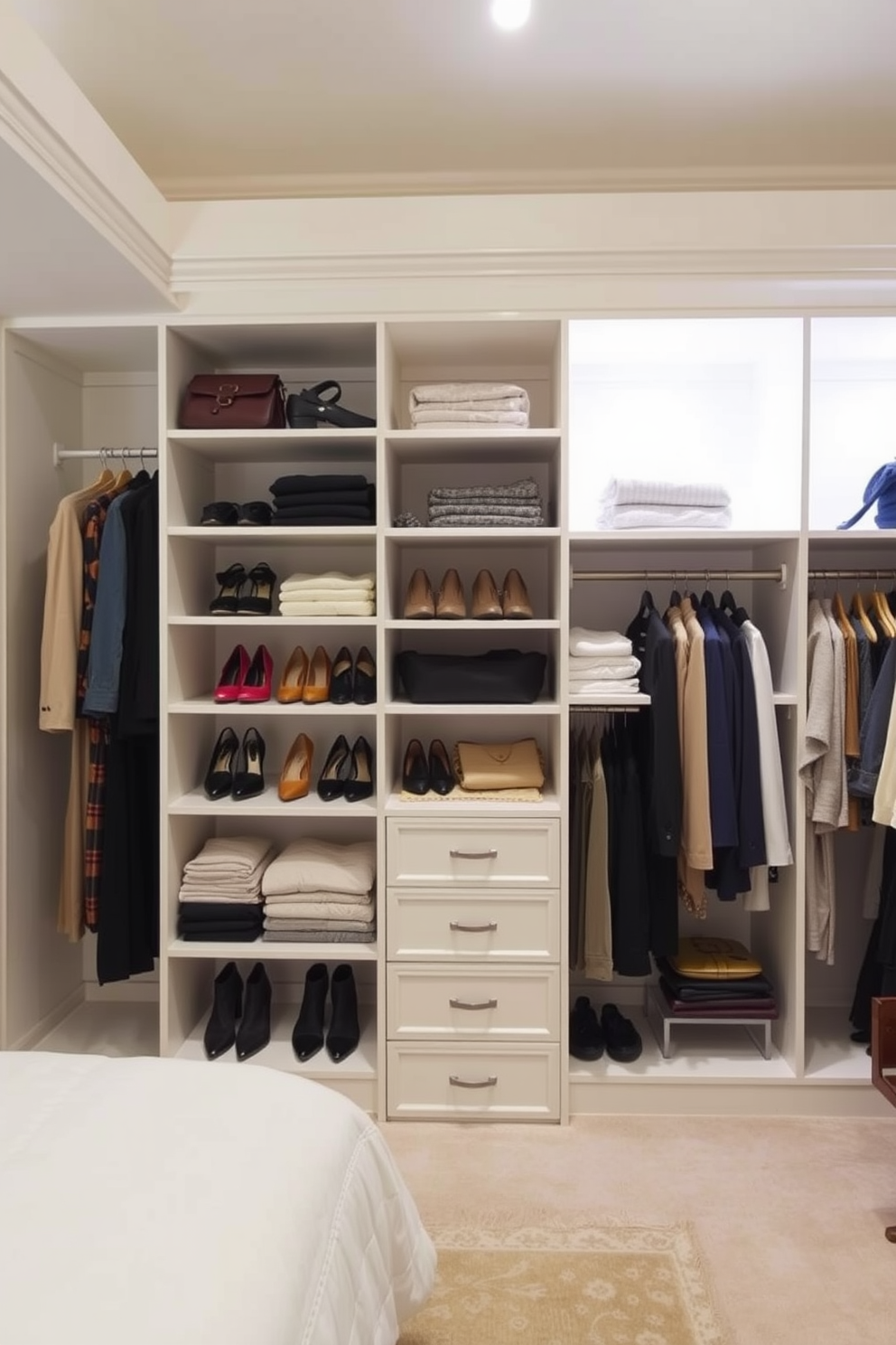 A spacious master bedroom walk-in closet featuring open shelving for easy access to clothing and accessories. The shelves are neatly organized, displaying a curated collection of shoes, handbags, and folded garments, creating an inviting and functional storage space.