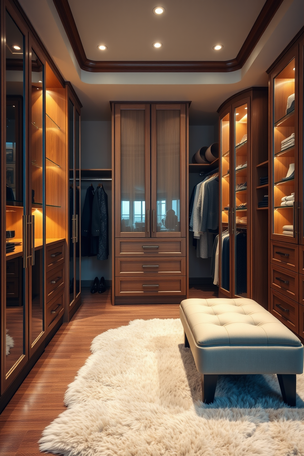 A luxurious master bedroom walk-in closet featuring soft mood lighting that creates a warm and inviting atmosphere. The closet includes custom shelving and hanging space, with elegant glass-fronted cabinets showcasing accessories and shoes. The walls are painted in a calming neutral tone, complemented by rich wooden accents for a sophisticated look. A plush area rug lies beneath a stylish ottoman, providing a cozy spot for dressing and putting on shoes.