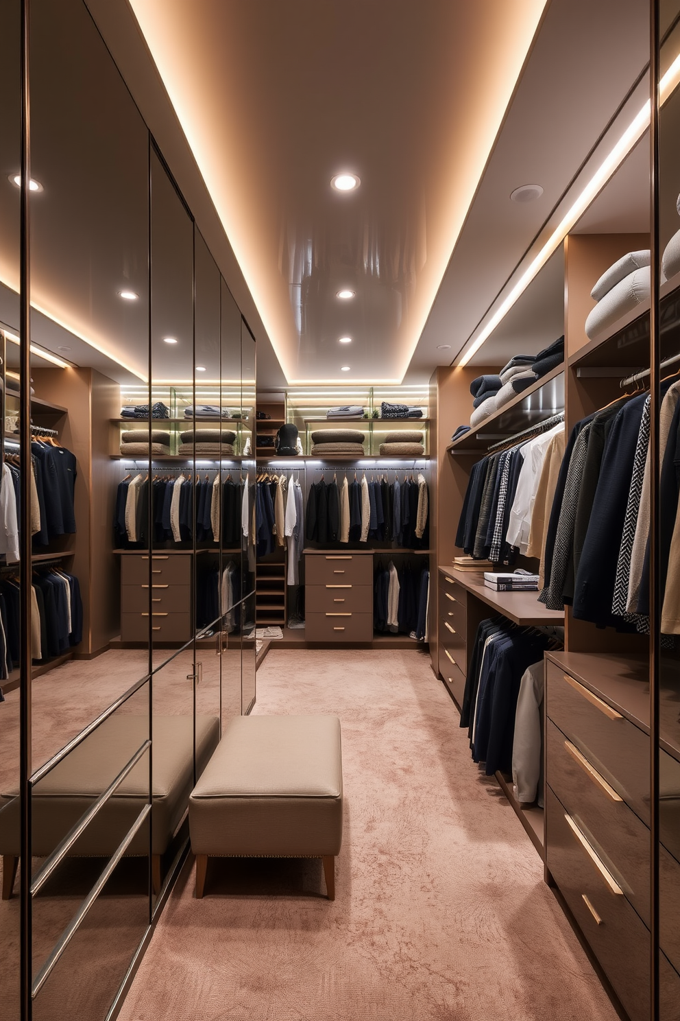 A spacious master bedroom walk-in closet features double hanging rods for clothing, maximizing storage efficiency. The walls are adorned with soft neutral tones, and elegant lighting fixtures illuminate the organized space.