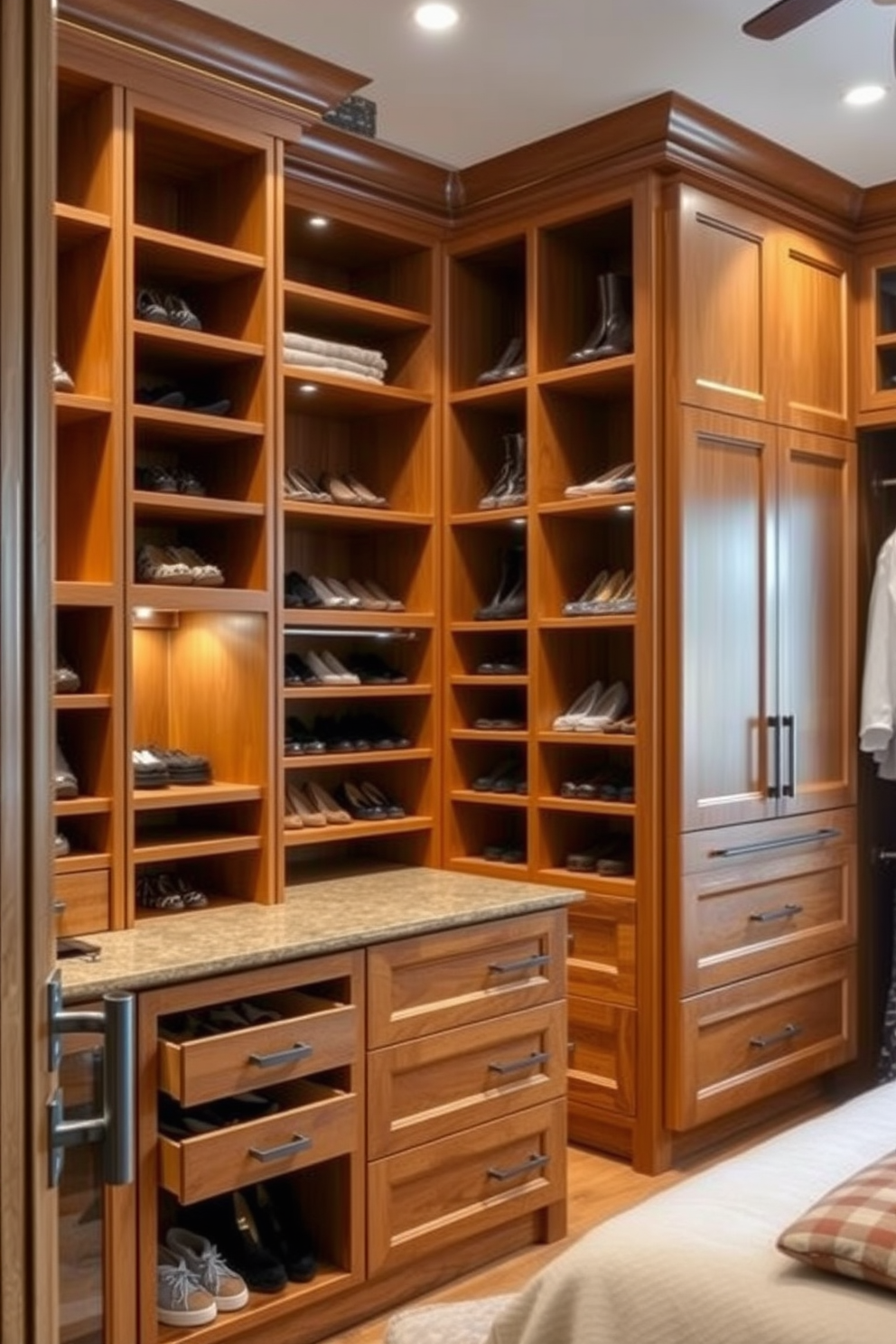 Custom cabinetry for personalized organization in a master bedroom walk-in closet. The design features floor-to-ceiling cabinetry with a mix of open shelving and closed storage, finished in a warm wood tone to create a cozy atmosphere. The closet includes a dedicated shoe display area and a stylish island with drawers for accessories. Soft lighting illuminates the space, highlighting the elegant finishes and providing a luxurious feel.