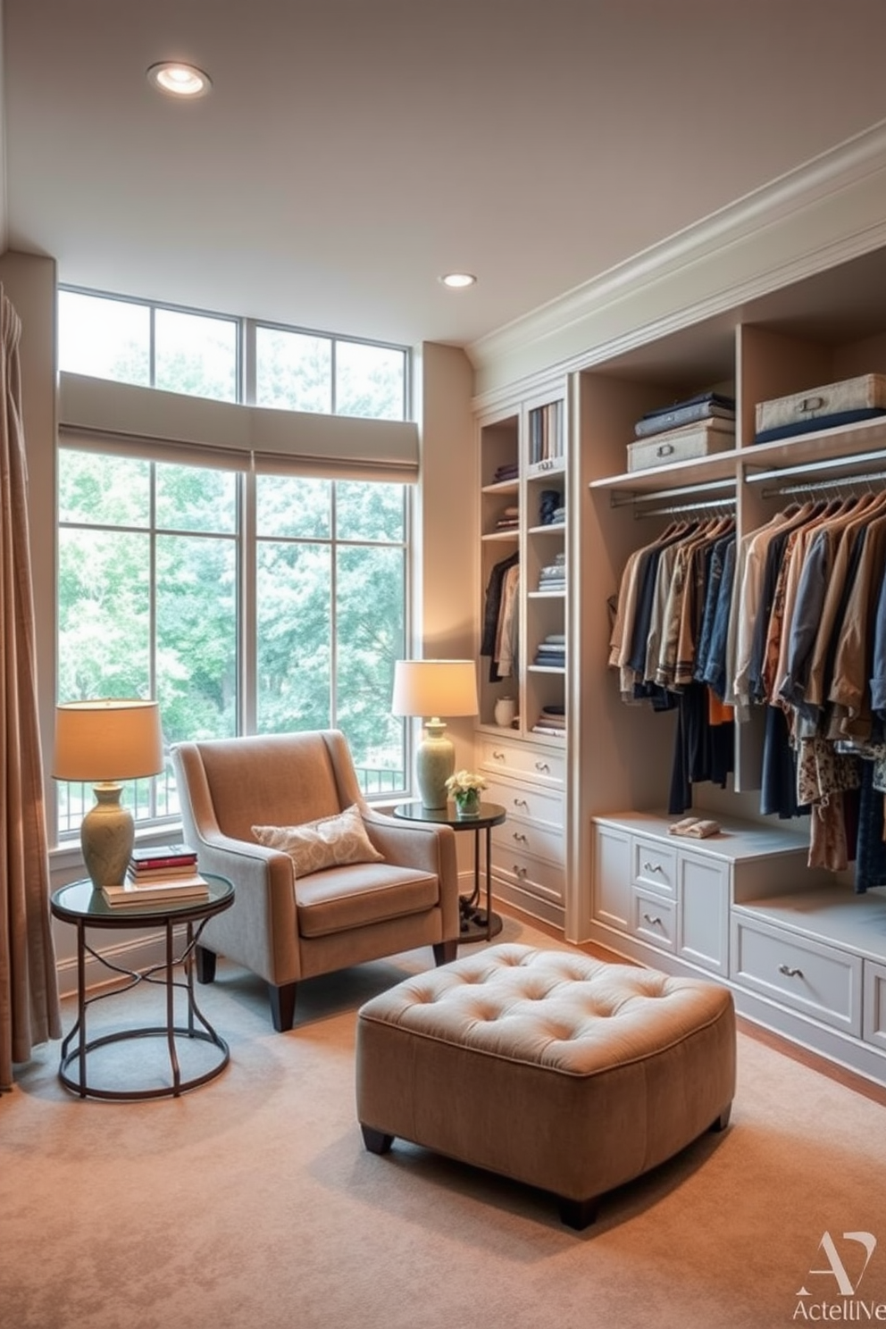 Custom cabinetry for unique storage in a master bedroom walk-in closet. The design features floor-to-ceiling wooden cabinets with a sleek finish, offering ample space for clothes and accessories. Soft ambient lighting illuminates the closet, highlighting the organized shelves and drawers. A plush area rug lies beneath a cozy seating nook, creating a luxurious and inviting atmosphere.