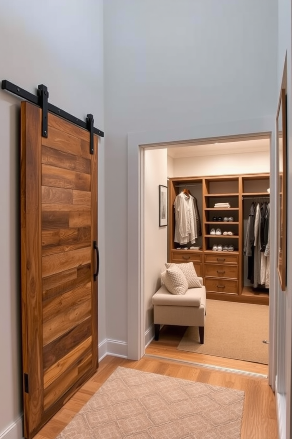 A stylish entryway features sliding barn doors that add a rustic charm while providing a modern touch. The doors are crafted from reclaimed wood, enhancing the warm atmosphere of the space. The master bedroom walk-in closet is designed for both functionality and elegance. It includes custom shelving, soft lighting, and a plush seating area for a luxurious experience.