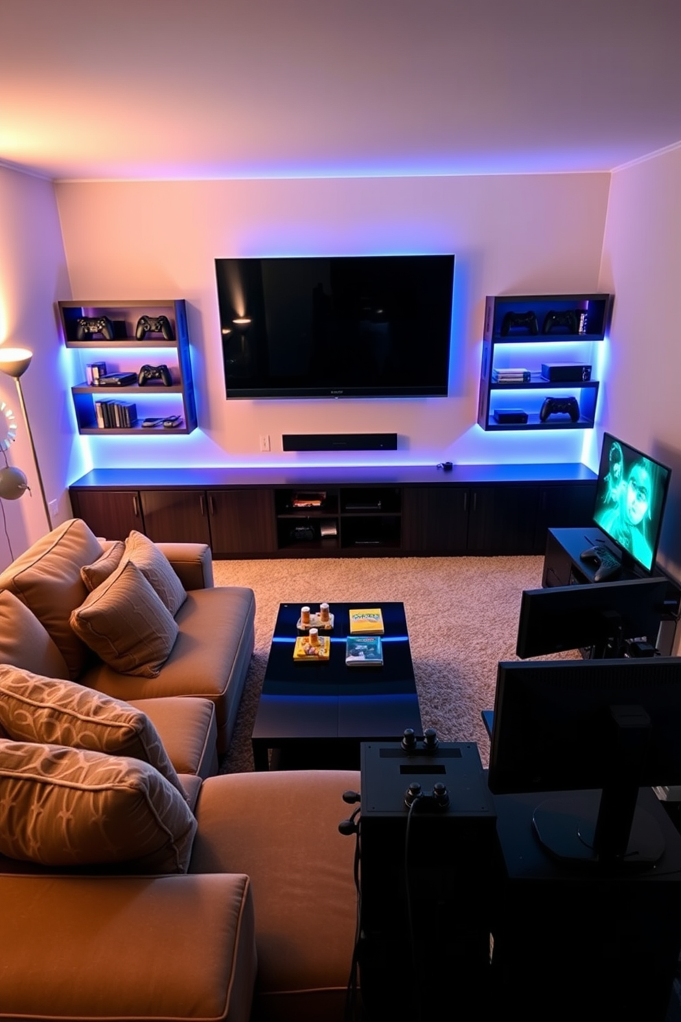 A cozy sectional sofa is positioned in front of a large flat-screen TV mounted on the wall. The room features a sleek gaming console setup with colorful LED lights illuminating the space, creating a vibrant atmosphere for gaming.