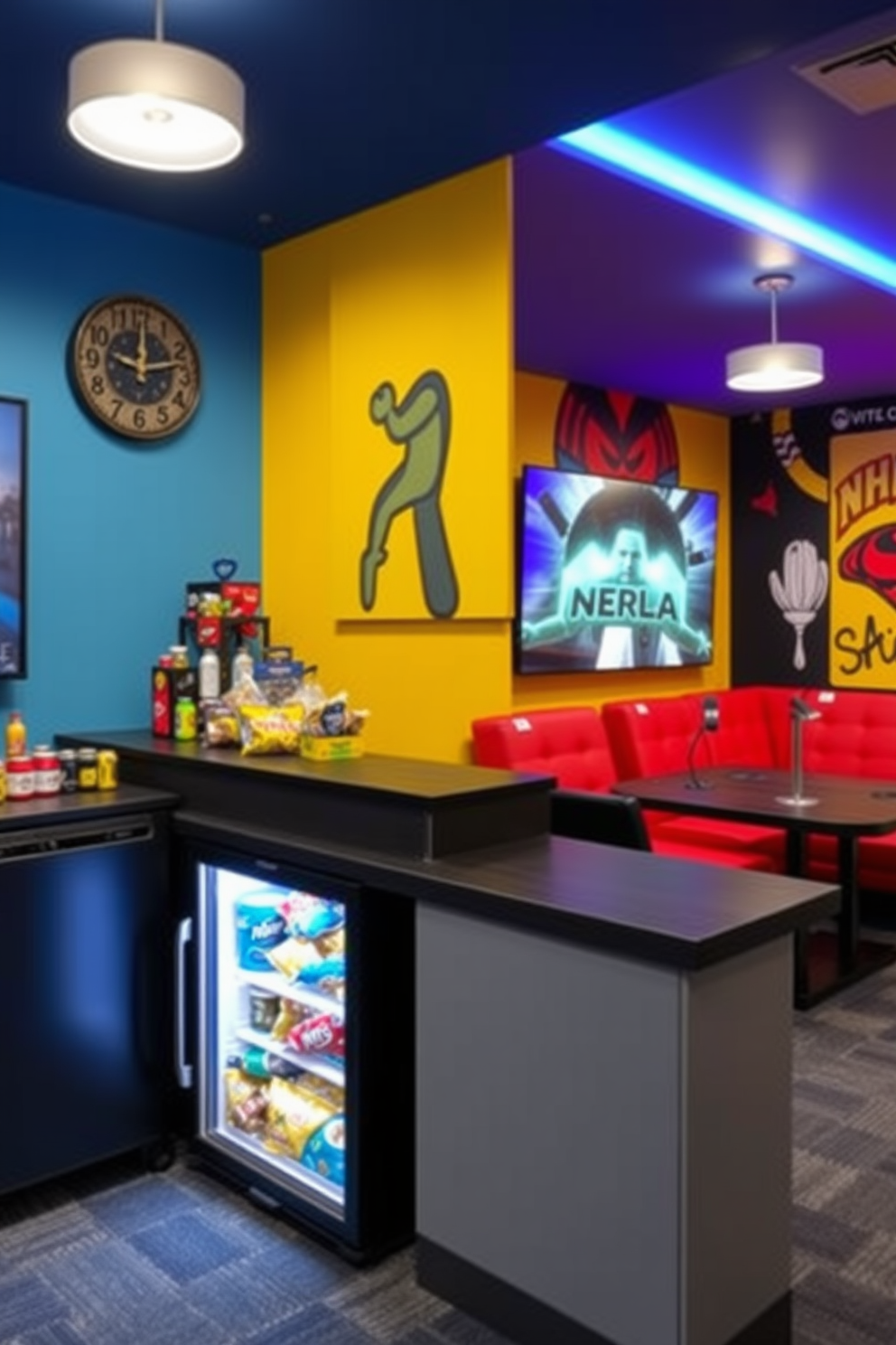 A vibrant media game room featuring a mini fridge stocked with an array of snacks and drinks. The walls are adorned with bold artwork and the lighting is adjustable to create the perfect ambiance for gaming or movie nights.