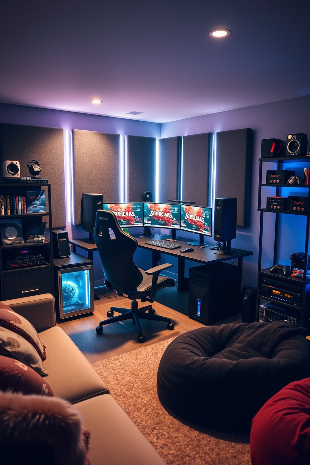 A dedicated streaming corner featuring a sleek gaming desk with multiple monitors and an ergonomic chair. The backdrop is adorned with LED strip lights and soundproof panels, creating an immersive atmosphere for content creation. The room is accented with plush seating, including a cozy sofa and bean bags for guests. Shelves filled with gaming memorabilia and a mini fridge stocked with snacks complete the inviting game room design.