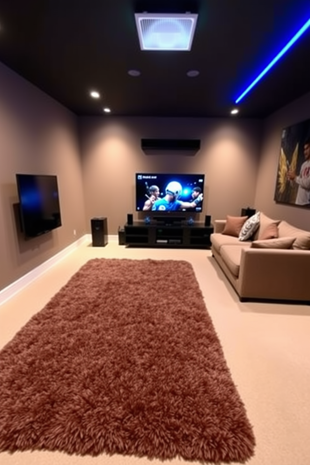 A cozy media game room featuring a plush area rug that visually defines the gaming space. The room is equipped with a large sectional sofa facing a wall-mounted flat-screen TV, complemented by ambient lighting for an inviting atmosphere.