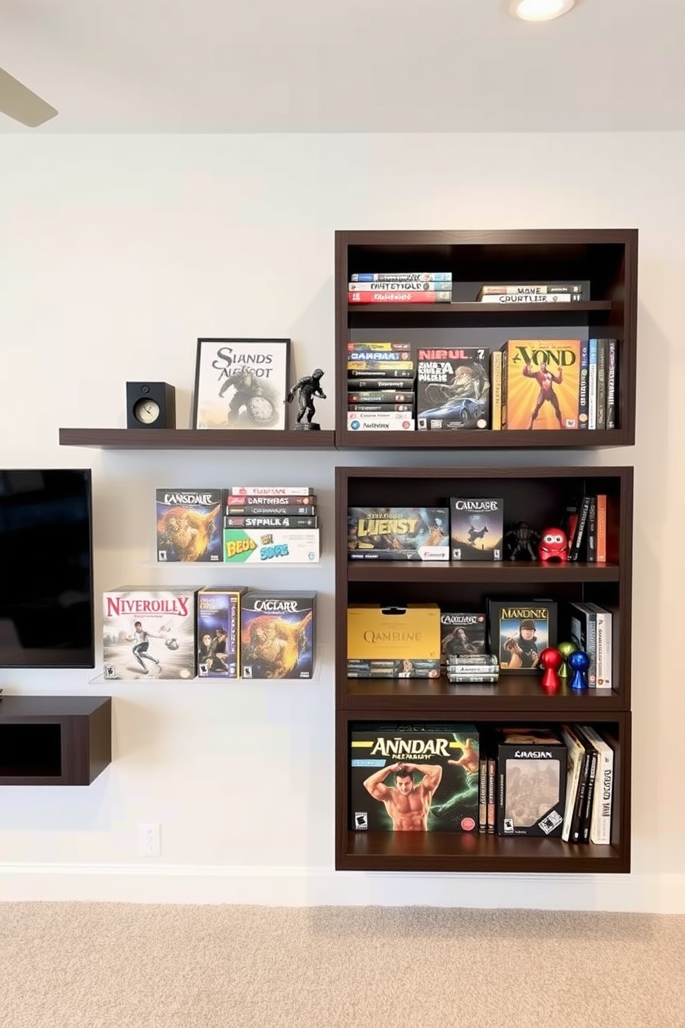 A modern game room featuring built-in shelves specifically designed for game storage. The shelves are crafted from dark wood and neatly display an extensive collection of board games and video games. The room is equipped with a large sectional sofa that invites relaxation and socializing. Ambient lighting highlights the shelves, creating a cozy atmosphere perfect for gaming nights.