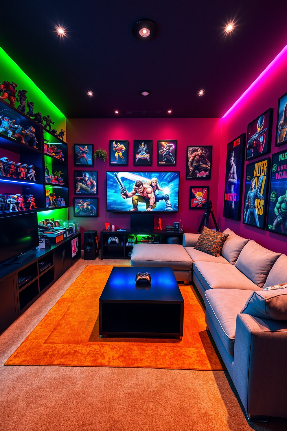 A vibrant game-themed media room filled with colorful decor and collectibles. Shelves lined with action figures and framed posters of popular video games adorn the walls, creating an immersive atmosphere. A large sectional sofa with plush cushions faces a wall-mounted screen, perfect for gaming sessions. Ambient lighting in dynamic colors enhances the excitement, while a sleek coffee table holds snacks and controllers for easy access.