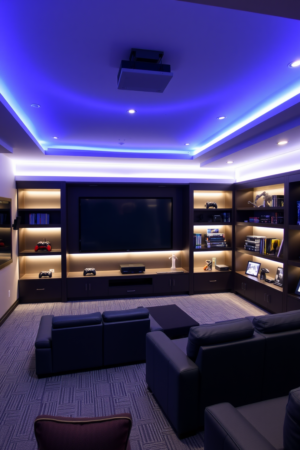 A media game room features adjustable lighting that can be customized for various activities such as watching movies or playing video games. The space includes comfortable seating, a large screen for viewing, and shelves filled with games and entertainment options.