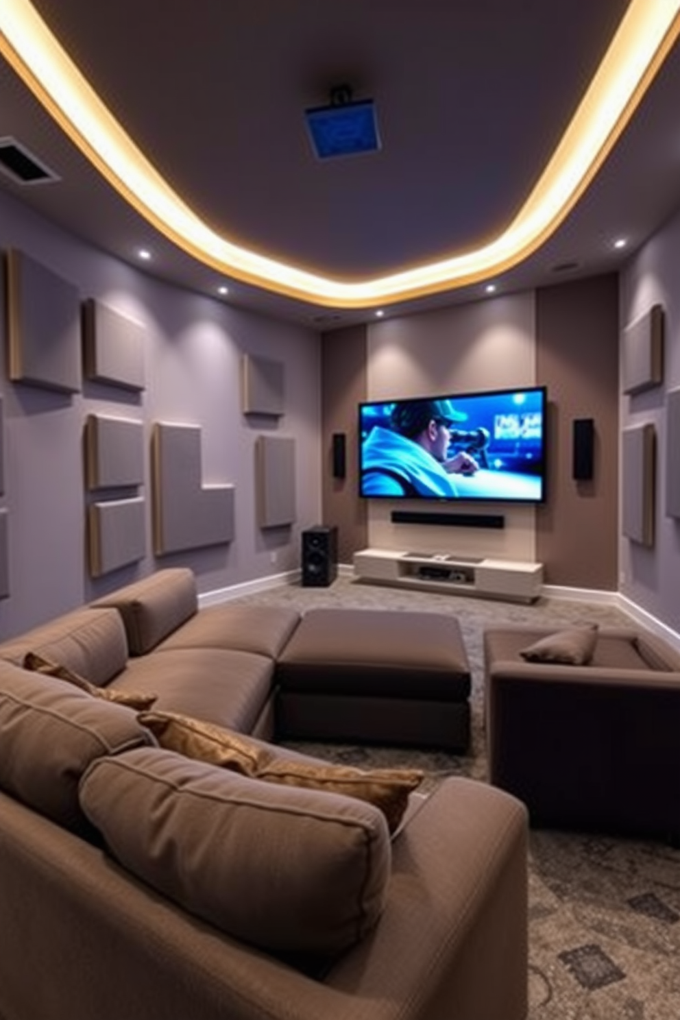 A modern media game room featuring acoustic panels strategically placed on the walls to enhance sound quality. The room includes a large sectional sofa facing a wall-mounted flat-screen TV, with ambient lighting creating a cozy atmosphere.