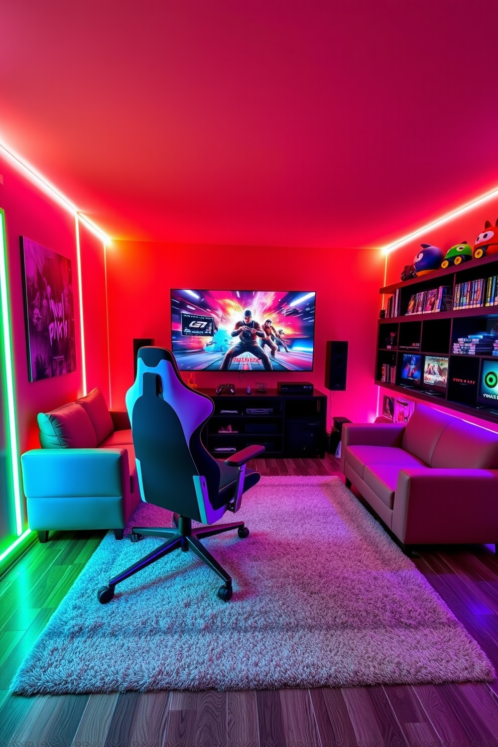 A modern game room filled with vibrant colors and comfortable seating. The focal point is a sleek gaming chair with ergonomic support, positioned in front of a large screen displaying a dynamic gaming setup. The walls are adorned with LED light strips that change colors to match the gaming ambiance. A plush rug covers the floor, and shelves hold an impressive collection of video games and memorabilia.