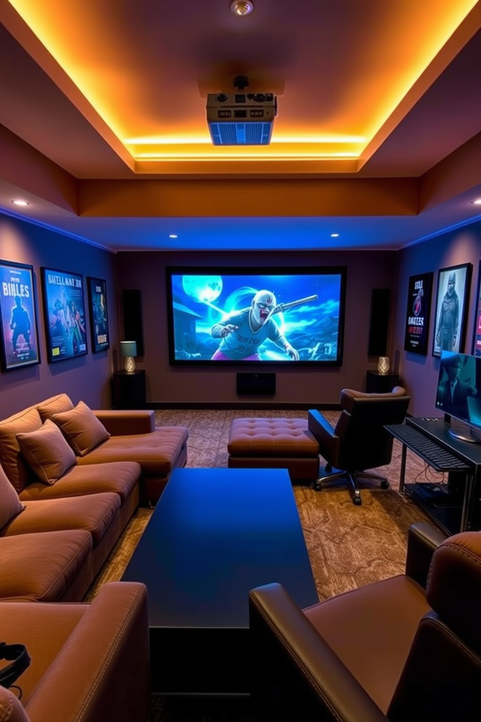 A cozy media game room designed for movie nights features a large projector screen mounted on the wall opposite a plush sectional sofa. The room is equipped with ambient lighting that can be adjusted to create the perfect cinematic atmosphere, and a sleek coffee table sits in front of the seating area. In one corner, a stylish gaming station is set up with comfortable chairs and a large TV for gaming sessions. The walls are adorned with framed posters of classic films and video games, adding a personal touch to the space.