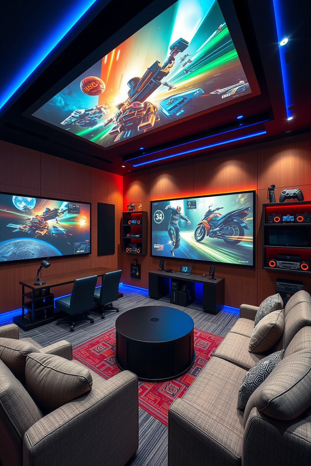 A dynamic media game room designed for interactive wall gaming experiences. The room features large projection screens that display immersive game visuals, complemented by comfortable seating arranged for optimal viewing. Smart lighting systems adjust to enhance the gaming atmosphere, while soundproofing ensures an uninterrupted experience. The walls are adorned with vibrant graphics and shelving units that showcase gaming memorabilia and equipment.