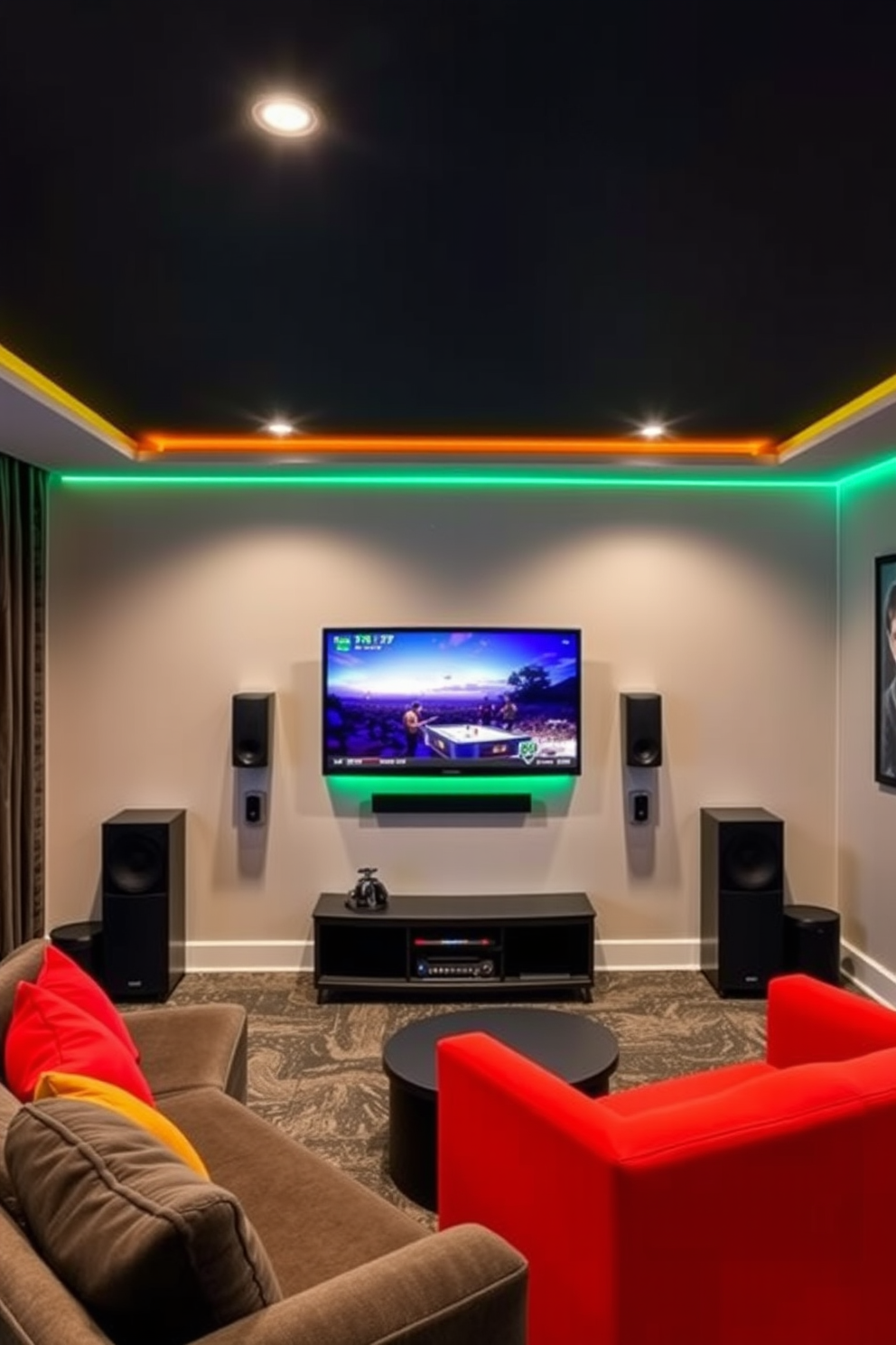 A contemporary game room featuring a wall-mounted TV that seamlessly integrates with a sleek sound system. Plush seating is arranged for optimal viewing, with vibrant accent colors that enhance the modern aesthetic.