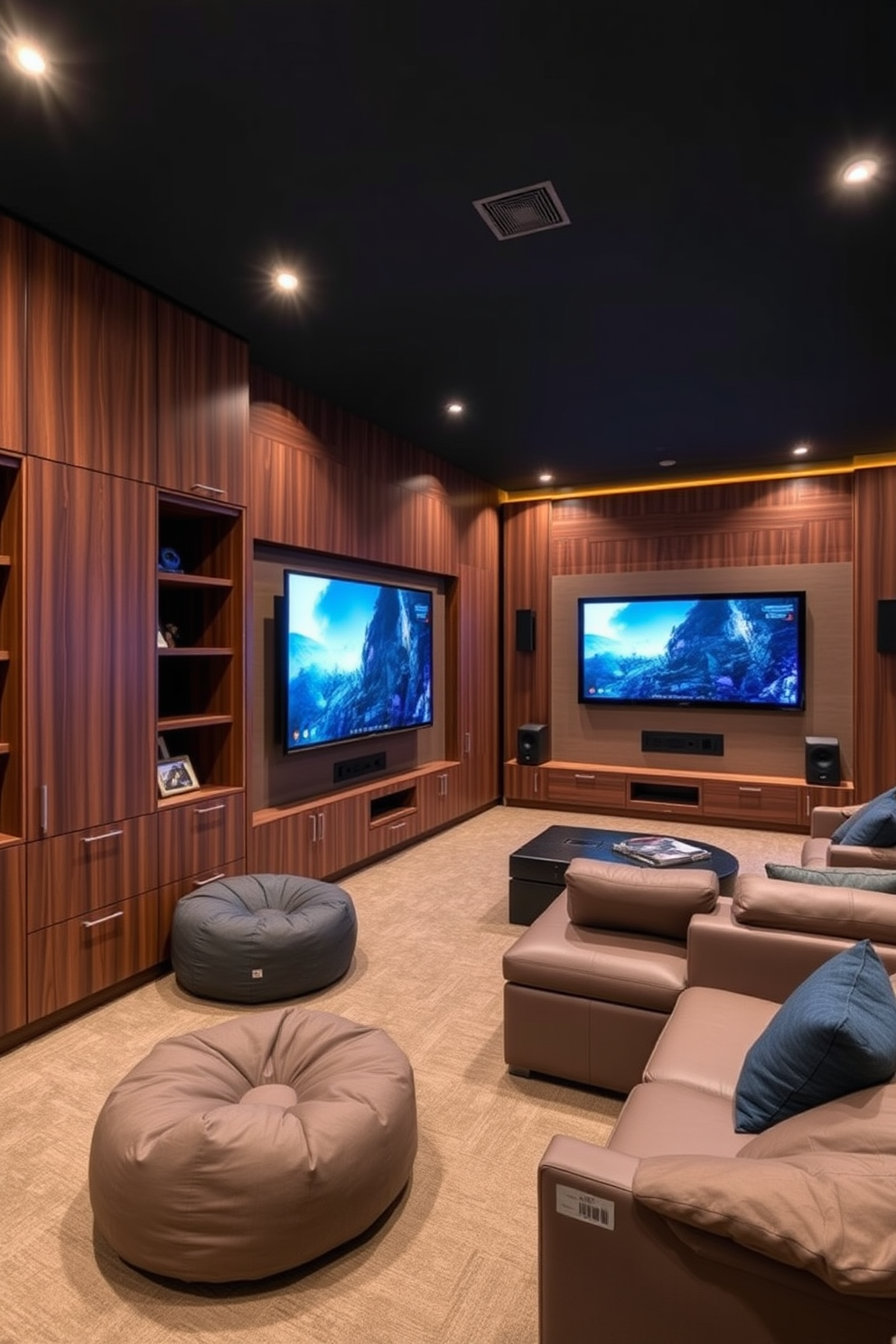 A media game room featuring hidden cable management for a clean and organized look. The space is designed with comfortable seating, a large flat-screen TV mounted on the wall, and stylish shelves that discreetly house gaming consoles and accessories.