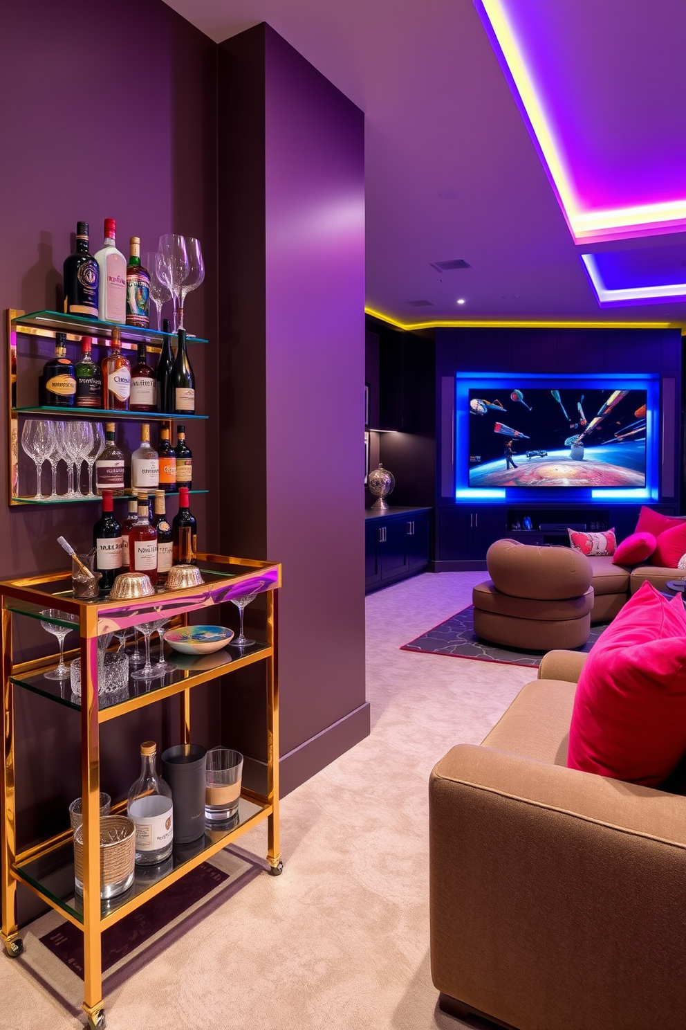 A cozy media game room featuring soft mood lighting that can be adjusted for different activities. The room includes a large sectional sofa with plush cushions facing a wall-mounted flat-screen TV, and a sleek coffee table sits in front of it. In one corner, a stylish arcade machine adds a retro touch, while a modern game console is neatly organized on a low media console. The walls are painted in a deep navy blue, and a plush area rug anchors the seating area, creating an inviting atmosphere.