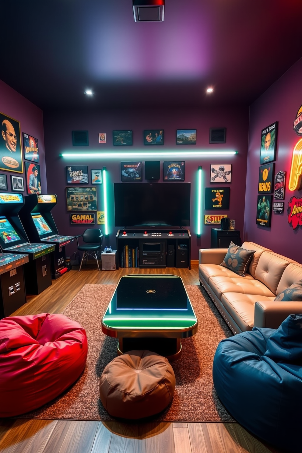 A media game room designed with a retro arcade theme. Bright neon lights illuminate the space, highlighting vintage arcade machines and a plush sectional sofa arranged around a large screen. The walls are adorned with posters and memorabilia from classic video games. A sleek coffee table with a glossy finish sits in the center, surrounded by bean bag chairs for a casual and inviting atmosphere.