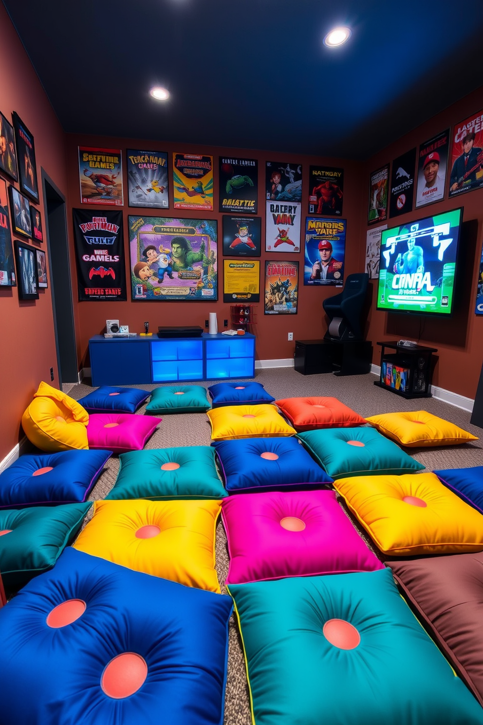 A cozy media game room featuring vibrant floor cushions scattered around for additional seating options. The walls are adorned with posters of classic video games, and a large screen is mounted on the opposite wall for immersive gaming experiences.