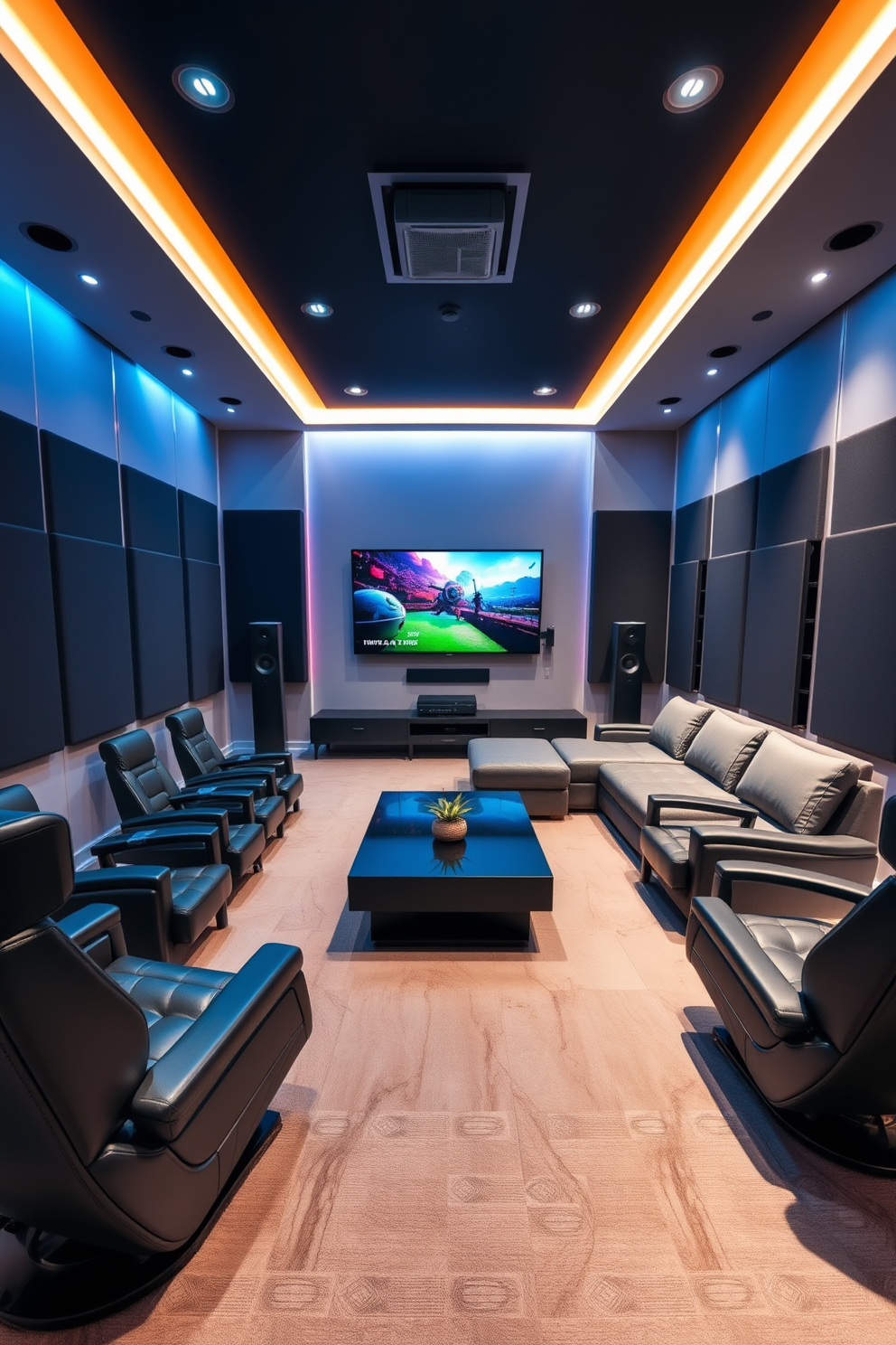 A modern media game room featuring sleek portable gaming stations that allow for flexibility in arrangement. The room is equipped with comfortable seating, vibrant LED lighting, and wall-mounted screens for an immersive gaming experience.