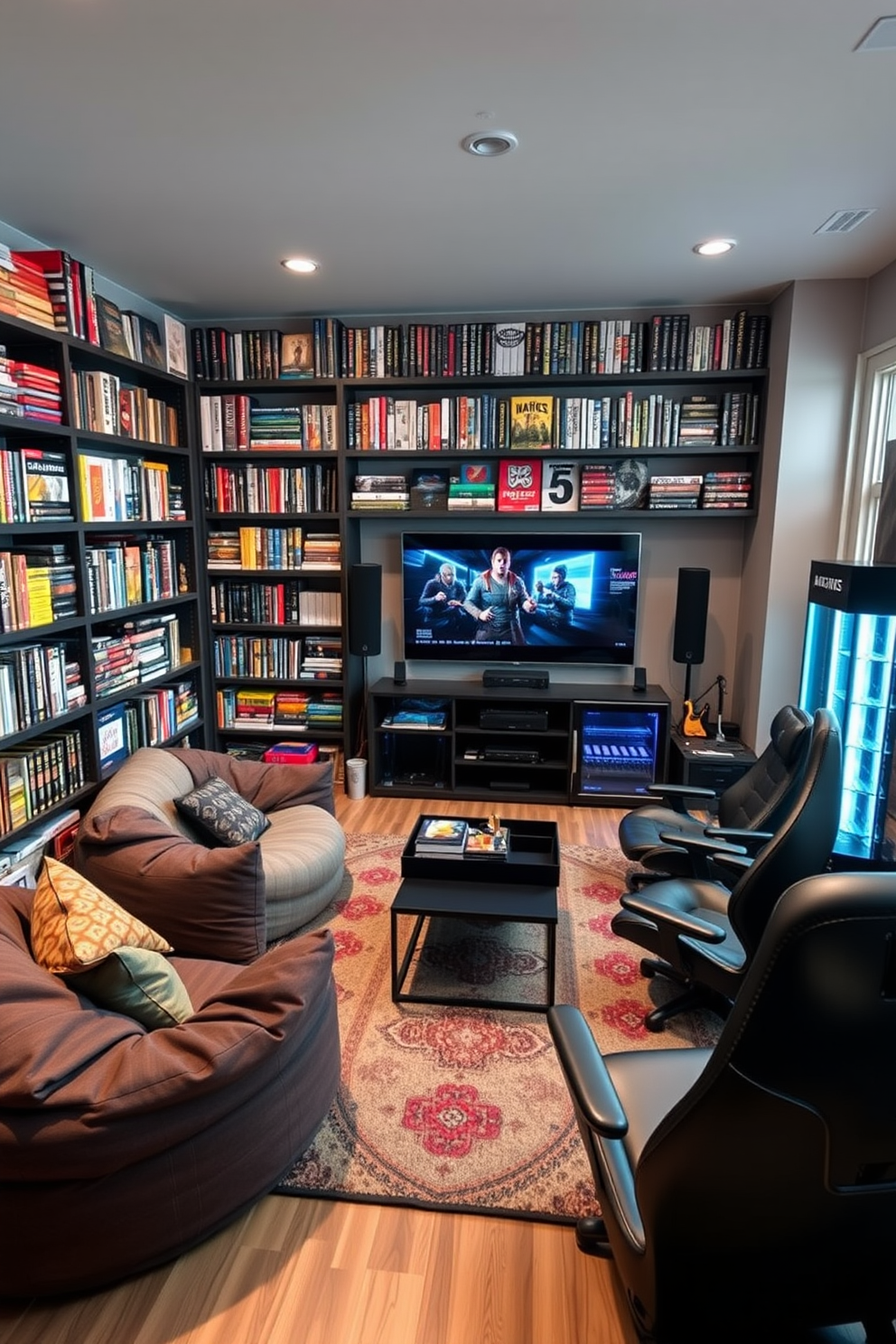 A cozy game library organized by genre, featuring shelves lined with colorful game boxes and neatly labeled sections for board games, video games, and tabletop RPGs. A comfortable seating area with plush bean bags and a large rug invites friends to gather and enjoy their favorite games together. The media game room is designed with a large flat-screen TV mounted on the wall, surrounded by soundproof panels for an immersive experience. A stylish coffee table sits in the center, flanked by sleek gaming chairs and a mini-fridge stocked with snacks and drinks for endless gaming sessions.