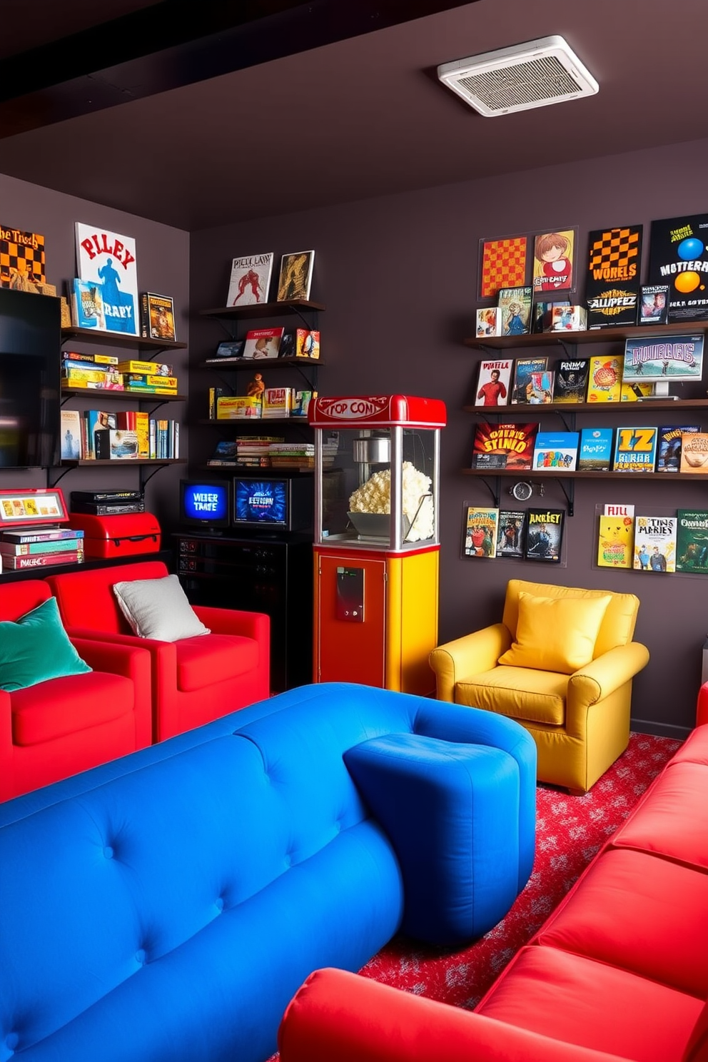 A vibrant game room featuring shelves lined with an impressive collection of gaming memorabilia. The walls are painted in a deep blue hue, creating an immersive atmosphere for gaming enthusiasts.