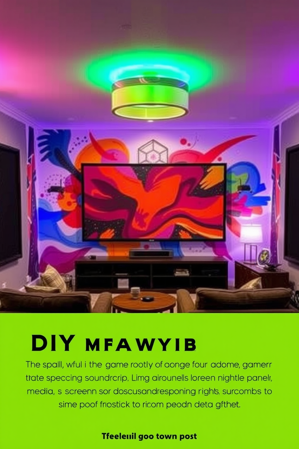 A DIY wall mural featuring a vibrant abstract design adds a personalized touch to the media game room. The mural is complemented by comfortable seating and ambient lighting to create an inviting atmosphere for gaming and entertainment. Incorporate a large screen for gaming and movie nights, surrounded by soundproof panels for an immersive experience. A mix of modern and vintage decor elements enhances the unique character of the space while providing functionality.