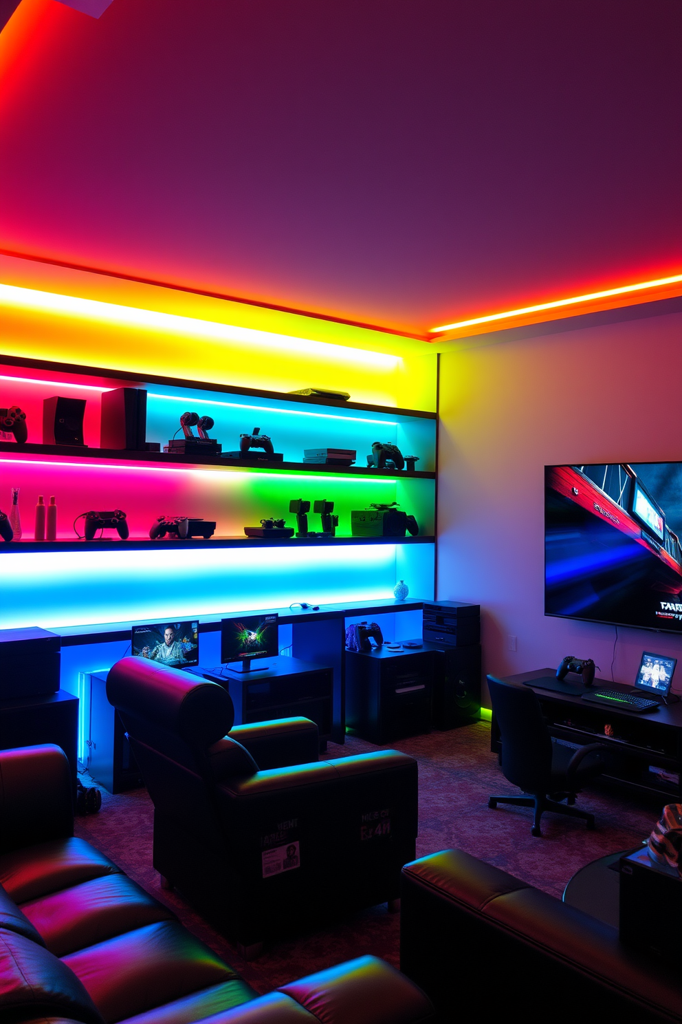 A lively media game room filled with retro arcade games in vibrant colors. The walls are adorned with vintage posters and neon lights, creating an energetic atmosphere.