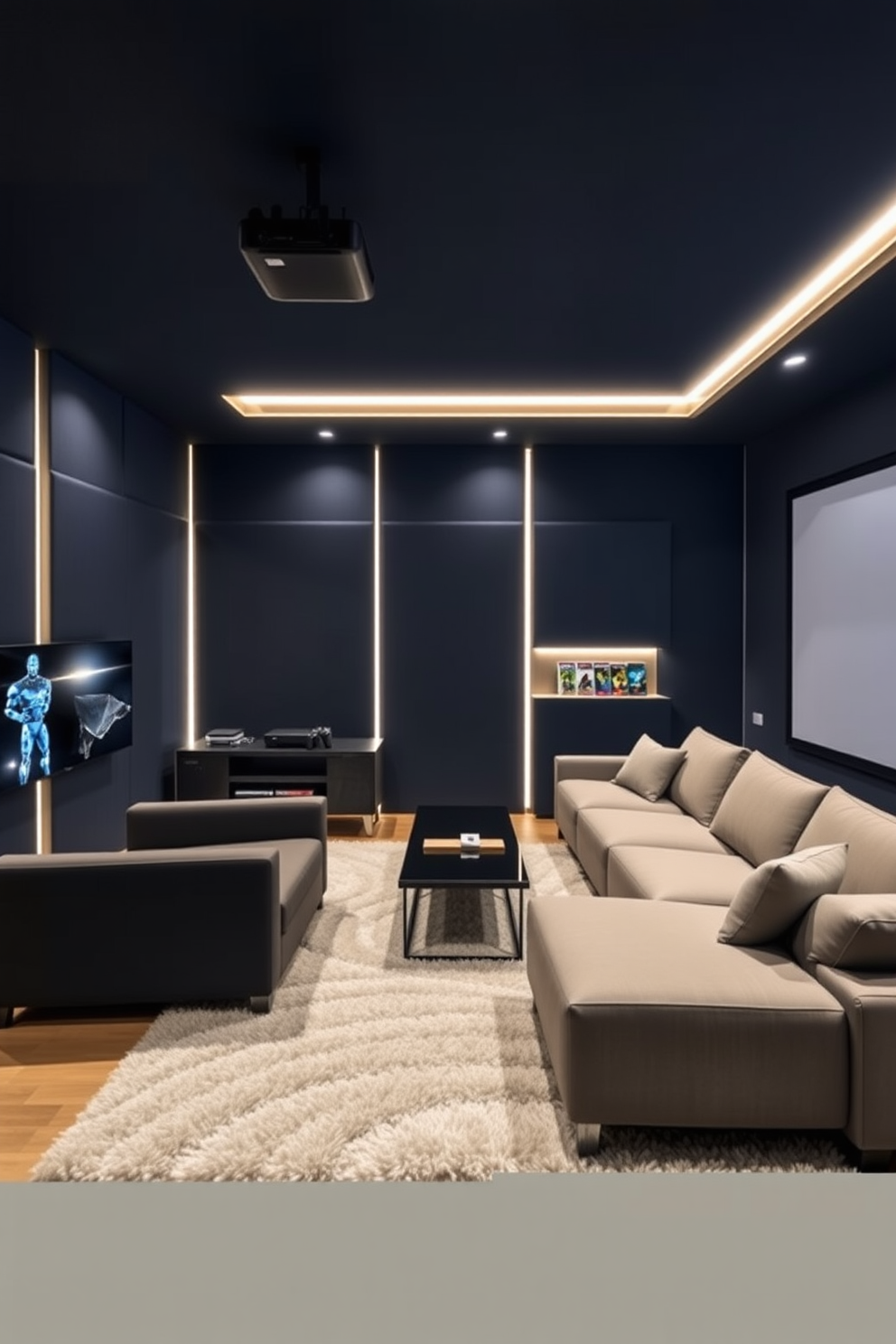 A modern media game room featuring a large sectional sofa arranged around a sleek coffee table. The walls are adorned with soundproof panels in a deep navy hue, and a state-of-the-art projector is mounted on the ceiling, projecting onto a blank wall. In one corner, a gaming console is set up with a wall-mounted screen, while LED strip lights illuminate the shelves filled with games and collectibles. A plush area rug anchors the space, providing comfort and warmth underfoot for an inviting atmosphere.