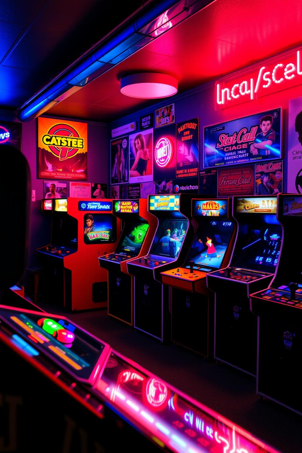 A vibrant media game room filled with vintage arcade games that evoke a sense of nostalgia. The walls are adorned with retro posters and neon lights, creating a lively atmosphere perfect for entertainment.