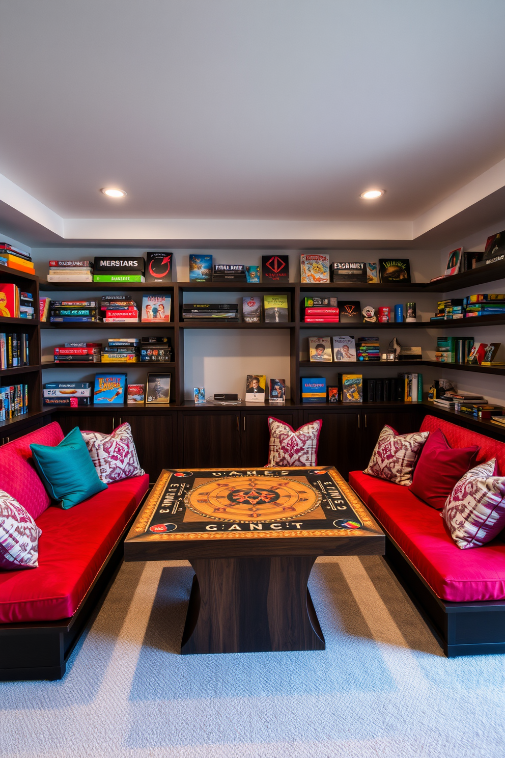 A vibrant game room inspired by favorite video games. The walls are adorned with large-scale murals of iconic game characters and landscapes, creating an immersive atmosphere. In the center, a sleek gaming console is set up on a modern entertainment unit. Plush bean bags in bold colors provide comfortable seating for friends and family to enjoy gaming sessions together.