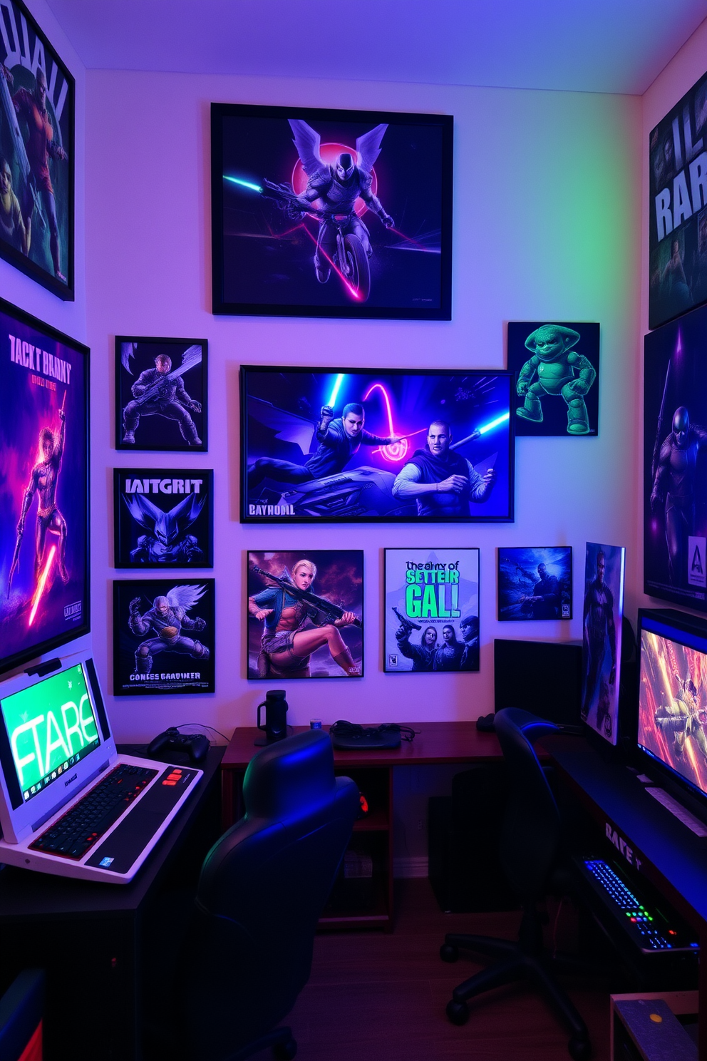 A vibrant game room filled with wall art that showcases iconic scenes from favorite video games. The walls are adorned with framed posters and canvas prints, creating an immersive atmosphere for gaming enthusiasts.