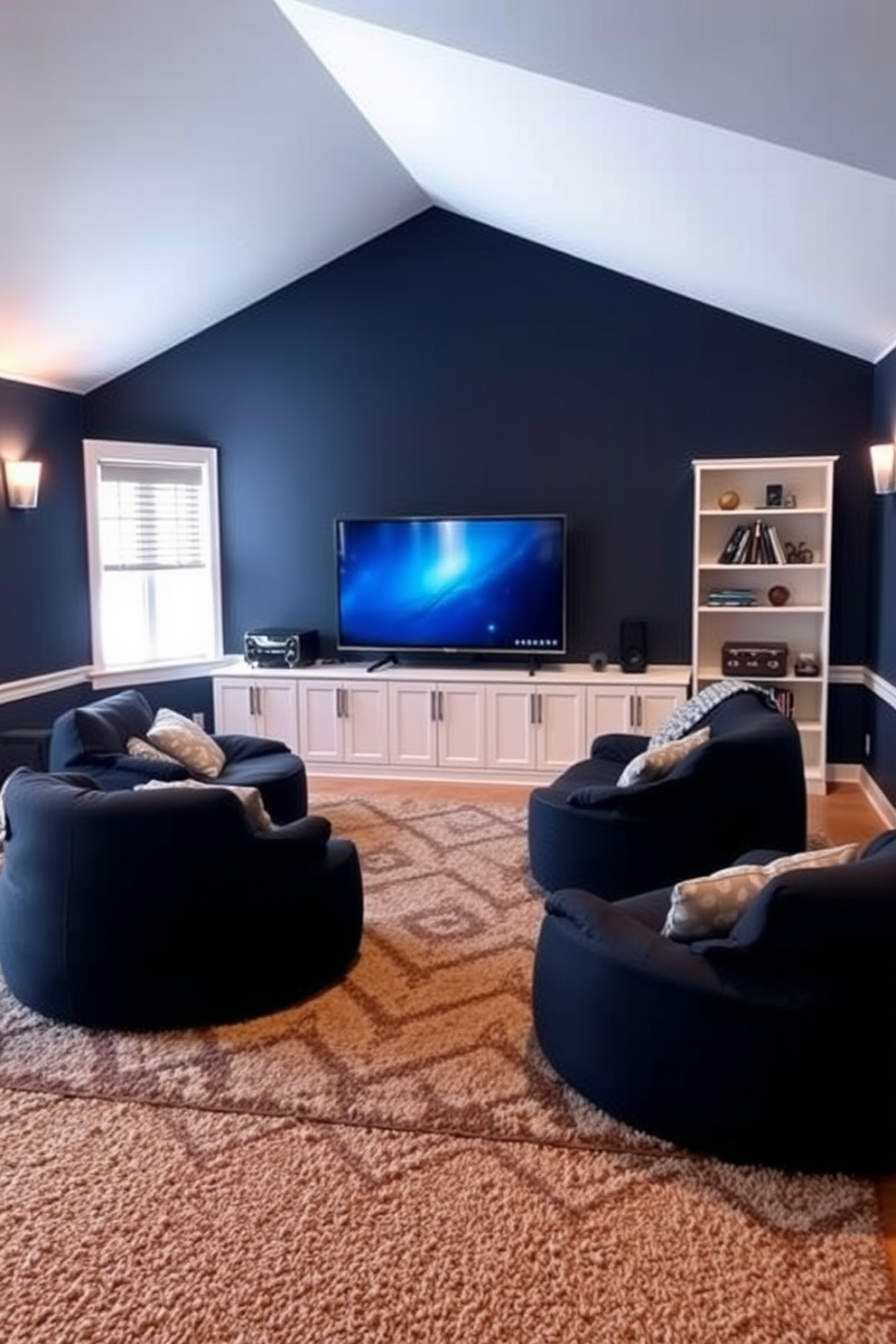 A cozy media game room featuring comfortable bean bags arranged in a semi-circle around a large flat-screen TV. The walls are painted in a deep navy blue, and the floor is covered with a plush area rug to enhance the relaxed atmosphere.