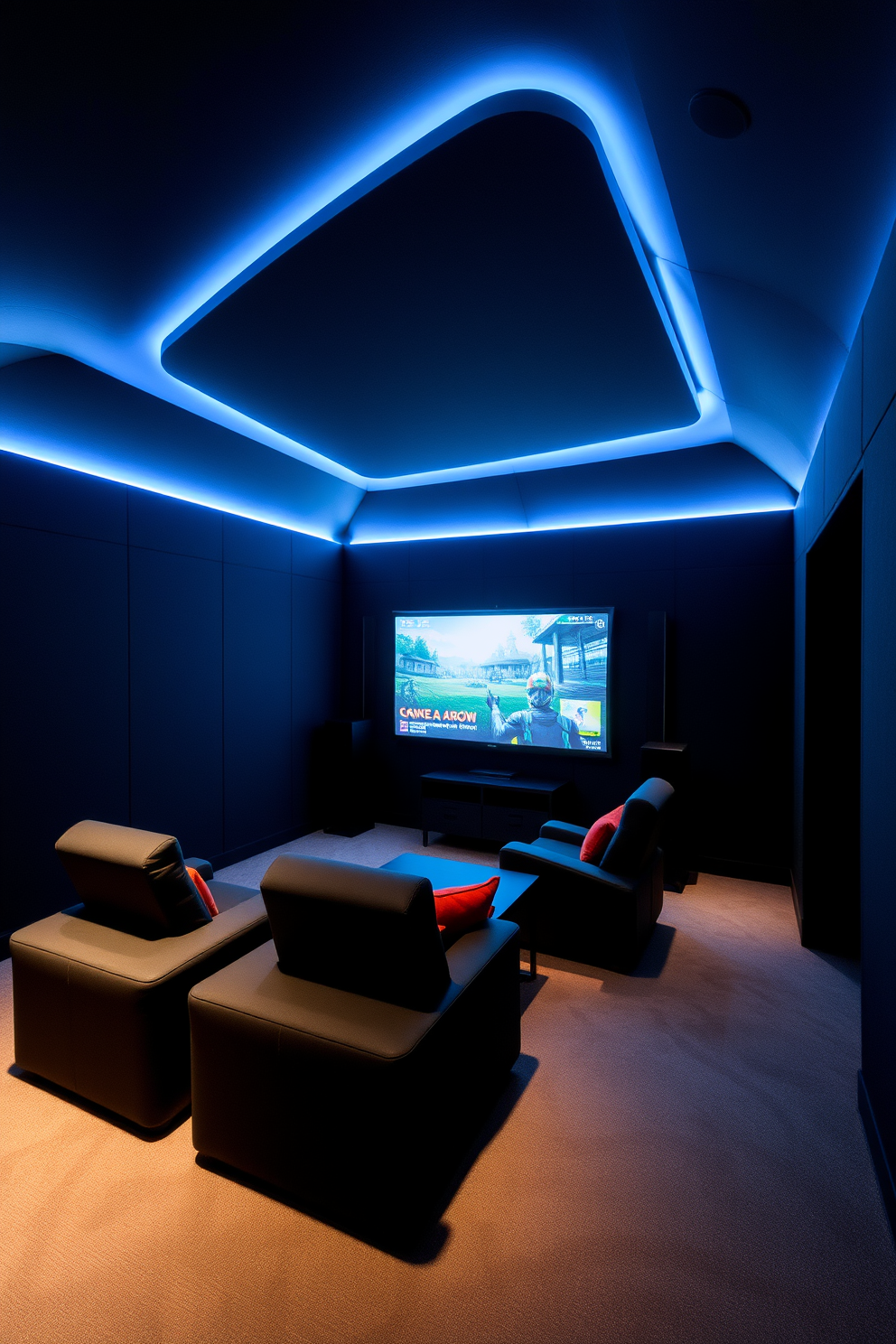 A media game room designed for an immersive gaming experience features dark walls that create a cozy and focused atmosphere. The room is equipped with a large screen, comfortable seating, and ambient lighting to enhance the gaming environment.