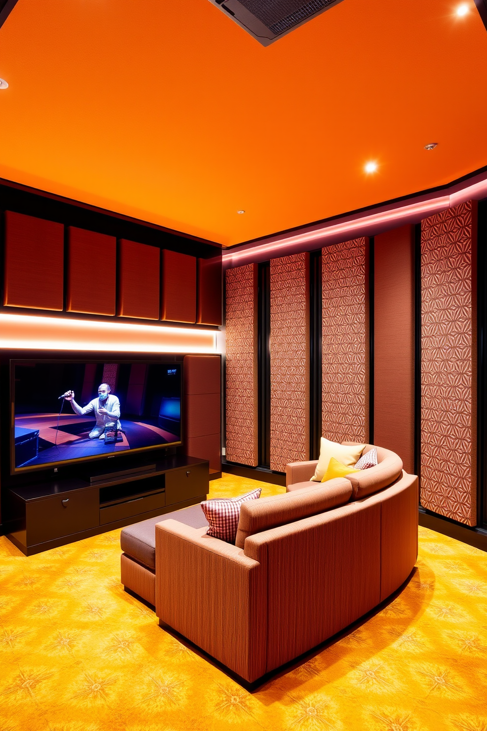 A vibrant media game room designed for ultimate entertainment. The space features plush seating arranged around a large screen, with soundproofing panels in a stylish pattern adorning the walls to enhance acoustics.