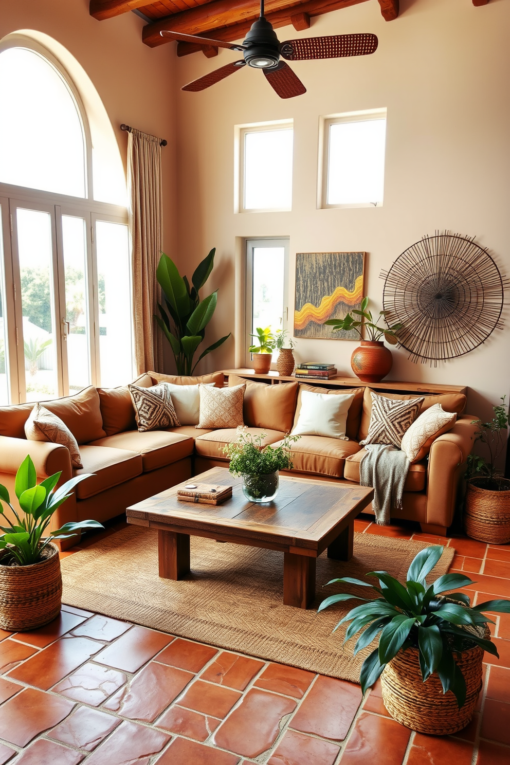 A cozy living room featuring an earthy color palette with warm browns and soft terracotta tones. The space includes a plush sectional sofa adorned with textured cushions and a rustic wooden coffee table at the center. Large windows allow natural light to flood the room, highlighting the terracotta tile flooring. Potted plants are strategically placed to enhance the Mediterranean vibe, complemented by woven baskets and a statement piece of wall art.