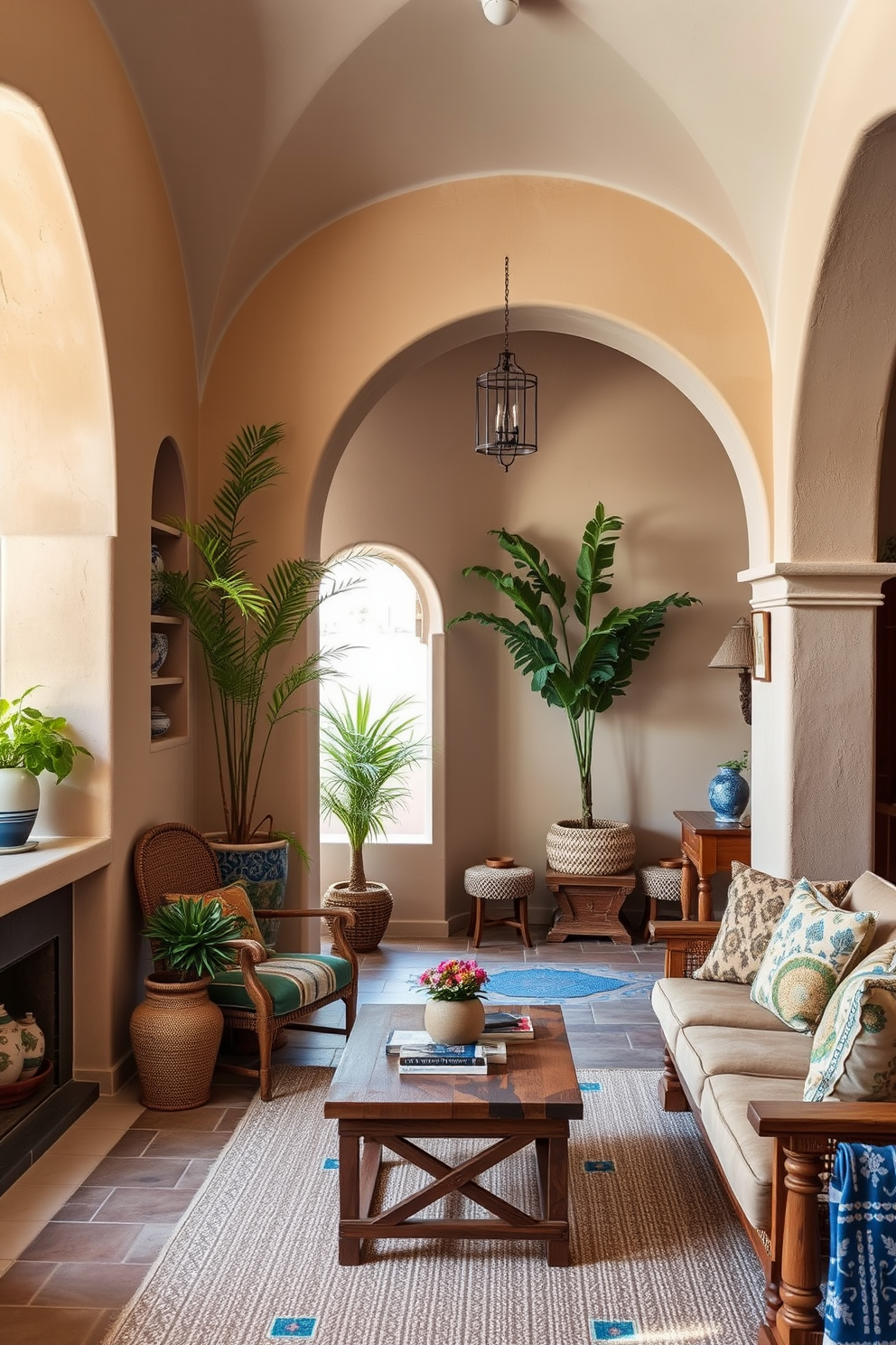 A Mediterranean inspired apartment features elegant archways that create a sense of openness and flow. Niches are integrated into the walls, showcasing decorative ceramics and lush greenery. The color palette includes warm earth tones complemented by vibrant blues and whites. Textured fabrics and rustic wooden furniture enhance the inviting atmosphere throughout the space.