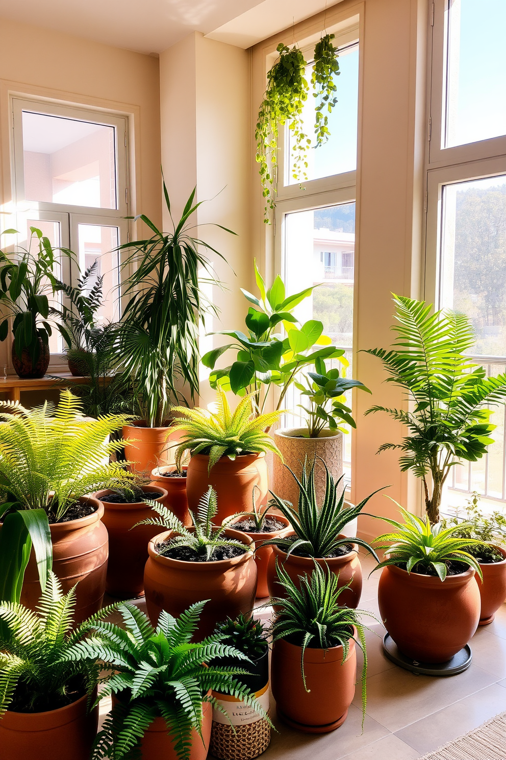 Indoor plants are strategically placed throughout the apartment, adding a vibrant touch of greenery to the space. The sunlight filters through large windows, creating a warm and inviting atmosphere. The living area features a mix of terracotta pots and modern planters, showcasing a variety of plants such as ferns and succulents. The overall design embraces earthy tones and natural textures, enhancing the Mediterranean aesthetic.