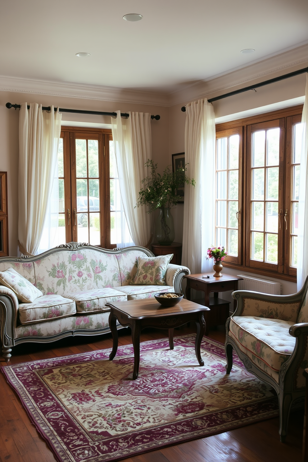 A cozy living room featuring vintage furniture with a weathered look. The sofa is upholstered in faded floral fabric, complemented by a distressed wooden coffee table and an ornate area rug. The walls are adorned with soft pastel colors, enhancing the warm ambiance of the space. Large windows draped with sheer curtains allow natural light to flood in, showcasing the charming details of the room.