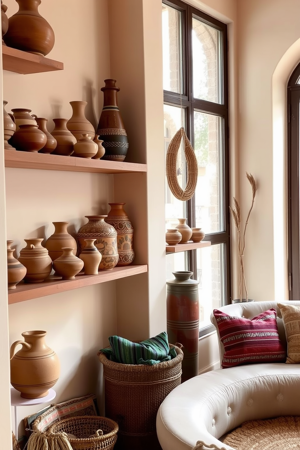 Artisan pottery is beautifully displayed on open shelves, showcasing a variety of shapes and earthy tones that add warmth to the space. The walls are adorned with soft pastel colors, complementing the rustic charm of the pottery and enhancing the Mediterranean aesthetic. Natural light floods the room through large windows, illuminating the handcrafted pieces and creating an inviting atmosphere. Woven textiles in rich colors and textures are incorporated into the decor, harmonizing with the pottery and reflecting the vibrant culture of the Mediterranean.