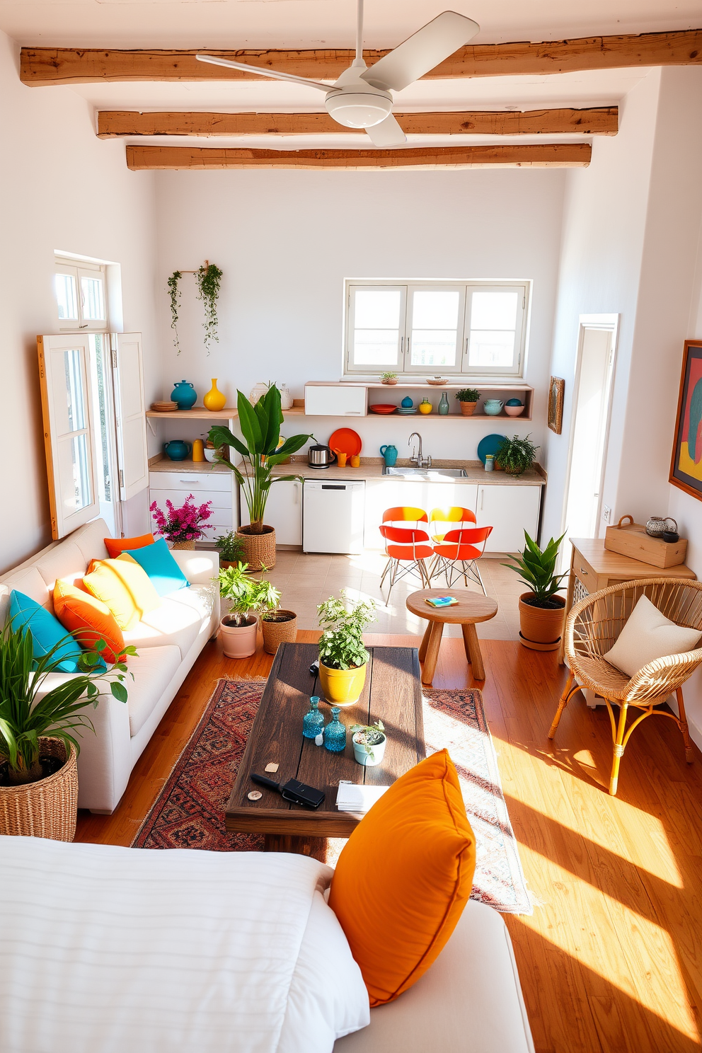 A bright and airy Mediterranean apartment features sun-kissed color accents throughout the decor. The living room showcases a soft beige sofa adorned with vibrant throw pillows in shades of terracotta and turquoise. Large windows invite natural light, illuminating the warm wooden floors and whitewashed walls. A rustic wooden coffee table sits center stage, surrounded by potted plants that add a touch of greenery to the space. In the kitchen, open shelving displays colorful ceramic dishes and glassware, enhancing the cheerful atmosphere. The dining area boasts a handcrafted wooden table paired with colorful chairs, perfect for lively gatherings. The bedroom exudes tranquility with a light linen duvet and sun-kissed yellow accents in the throw pillows and artwork. A woven rattan chair in the corner creates a cozy reading nook bathed in golden sunlight.