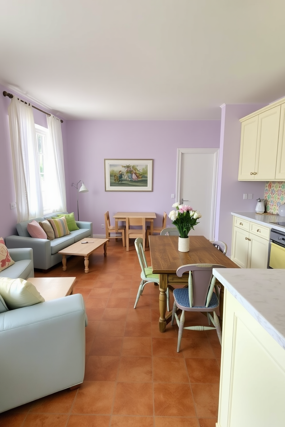 A serene Mediterranean apartment featuring soft pastel hues throughout the space. The living area showcases a light blue sofa paired with a cream-colored coffee table, accented by colorful throw pillows. Natural light floods the room through large windows adorned with sheer white curtains. The walls are painted in a soft lavender shade, complementing the terracotta tile flooring. In the dining area, a rustic wooden table is surrounded by mismatched pastel chairs. A simple centerpiece of fresh flowers adds a touch of charm to the setting. The kitchen boasts pale yellow cabinets and white marble countertops, creating a bright and inviting atmosphere. Decorative ceramic tiles in soft colors line the backsplash, enhancing the Mediterranean aesthetic.