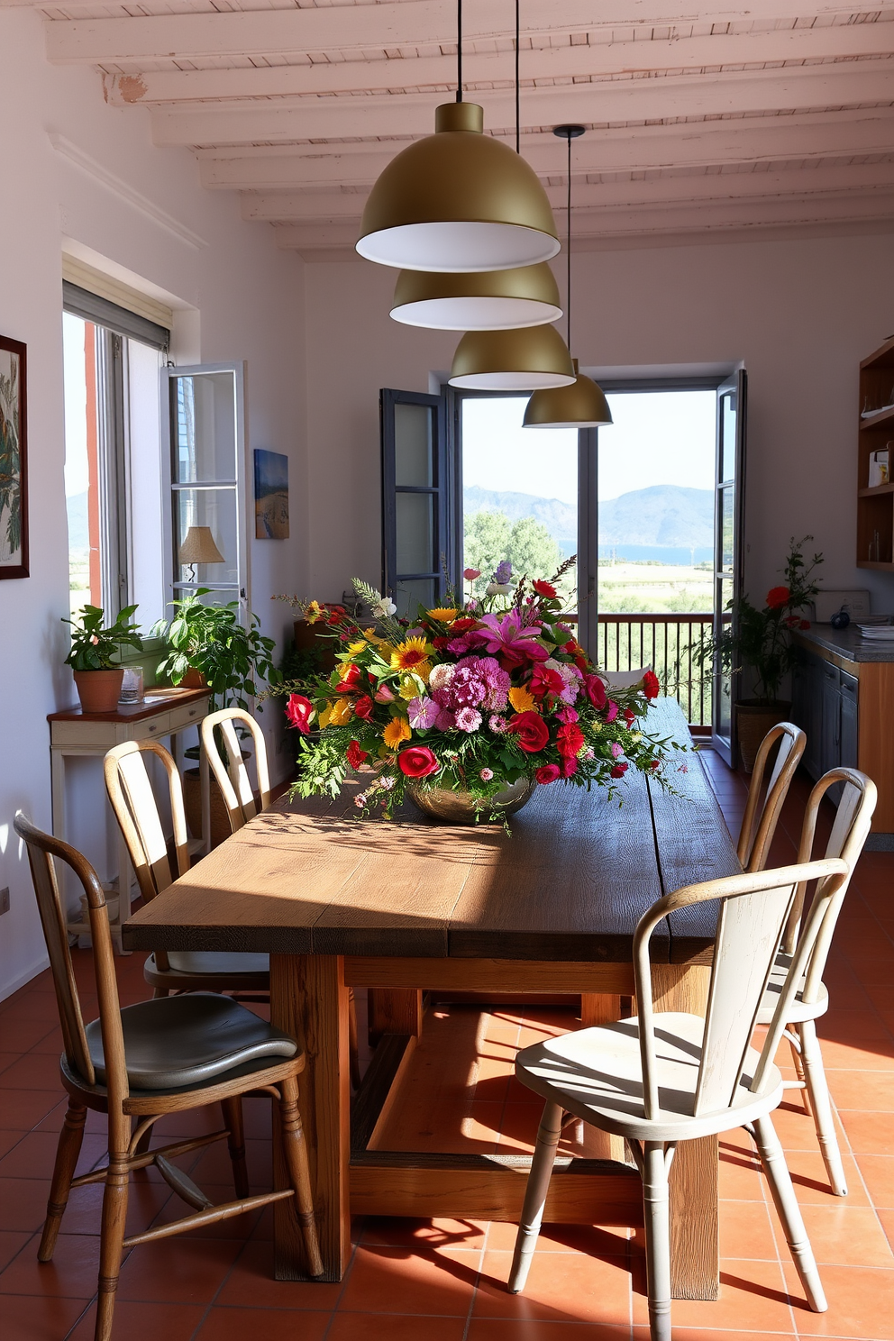 A Mediterranean apartment filled with lush textiles in rich colors and intricate patterns. The living area features a large, plush sofa adorned with vibrant throw pillows and a woven rug that adds warmth to the space. The walls are painted in soft earthy tones, complemented by wooden beams that enhance the rustic charm. Large windows draped with flowing curtains allow natural light to flood in, creating an inviting atmosphere.