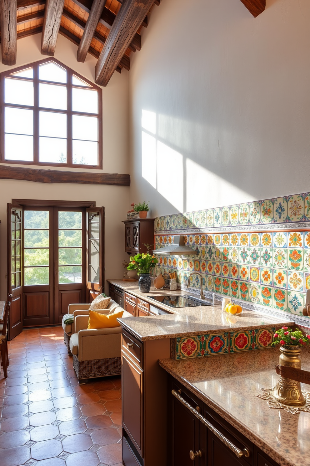 A Mediterranean apartment features a stunning backsplash adorned with hand-painted tiles in vibrant colors and intricate patterns. The tiles create a focal point in the kitchen, reflecting the warmth and charm of Mediterranean aesthetics. Natural light floods the space through large windows, highlighting the rich textures of wooden beams and terracotta floors. Cozy furnishings in earthy tones complement the lively tile work, creating a harmonious and inviting atmosphere.