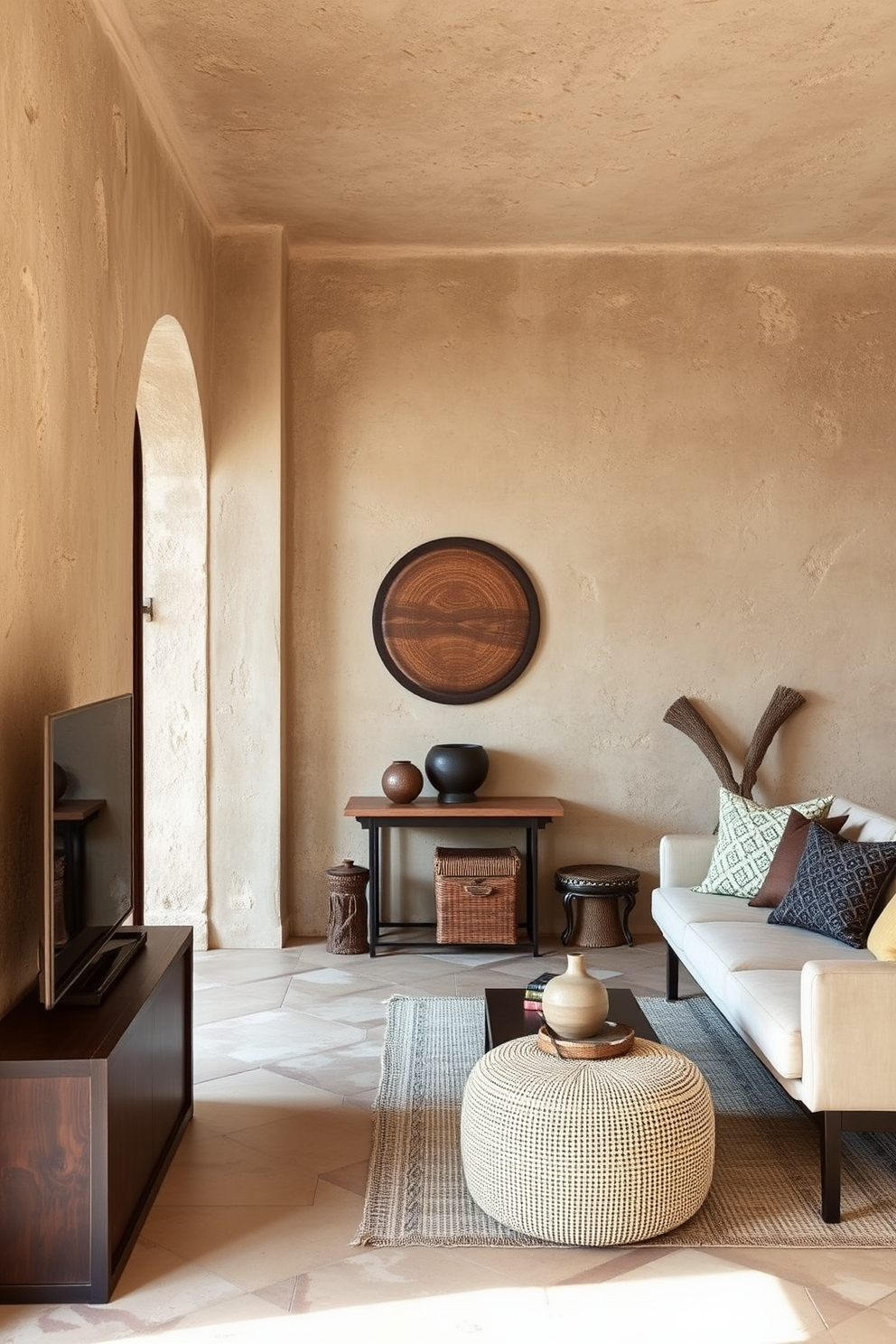 Textured walls with rustic finishes create a warm and inviting atmosphere in a Mediterranean apartment. The space features earthy tones and natural materials, enhancing the overall aesthetic of cozy elegance.